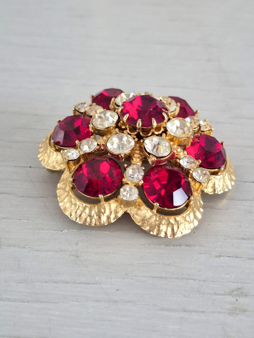 Vintage Ruby Red Clear Crystal Floral Dome Francois Designer Brooch Pendant